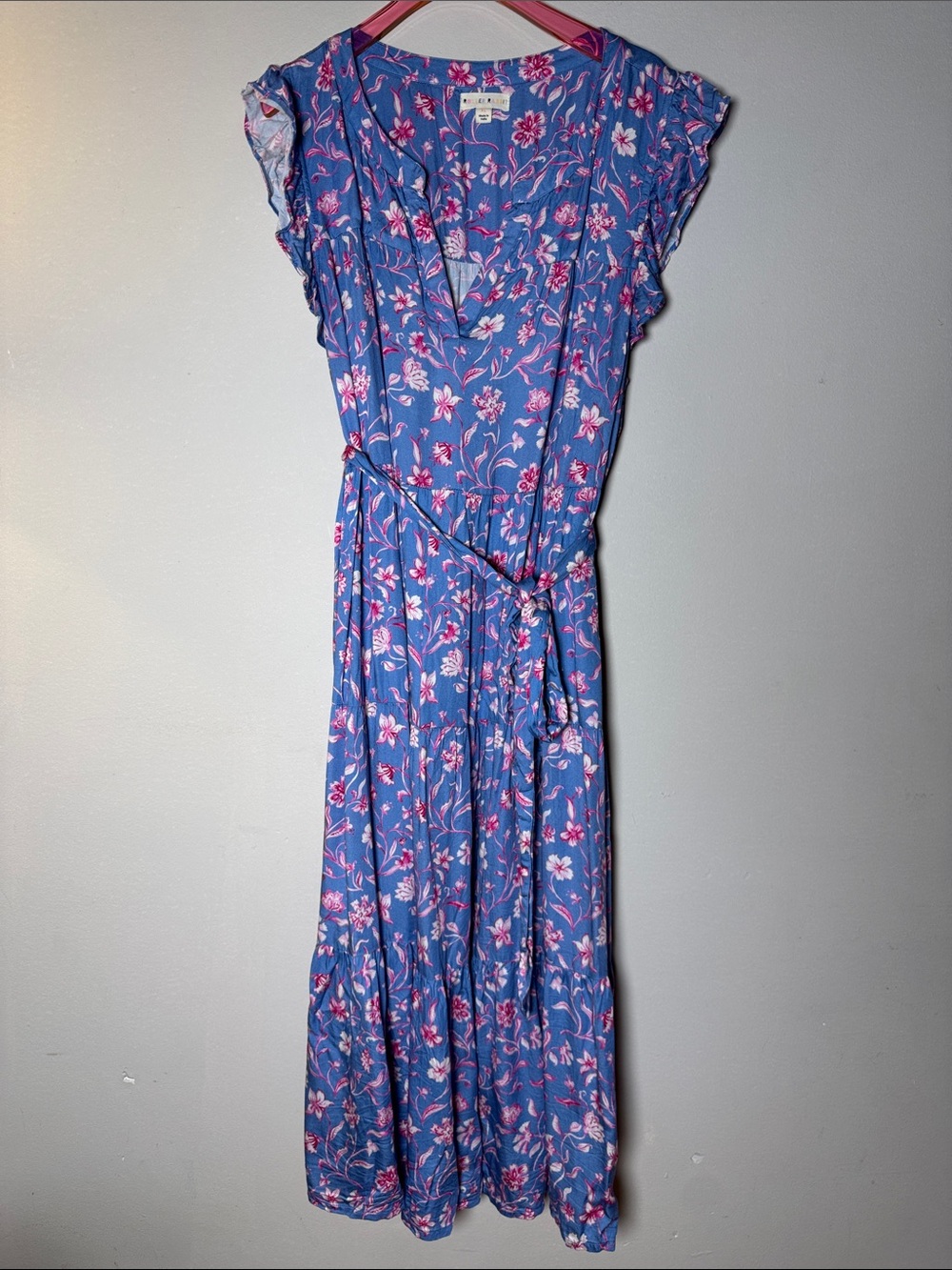 ROLLER RABBIT Blue Pink Floral Midi Dress Tiered Ruffle Details V-Neck Belted XL